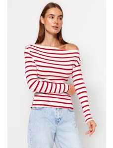 Trendyol Red Striped Premium Soft Fabric Fitted Boat Neck Knitted Blouse