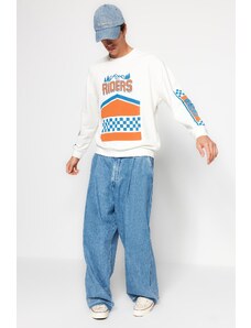 Trendyol Ecru Oversize/Wide-Fit Long Sleeve Crew Neck Printed Sweatshirt