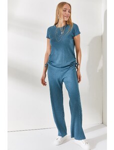 Olalook Women's Petrol Blue Gathered Side Blouse Palazzo Trousers Suit
