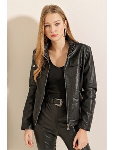 Bigdart 1024 Stand Collar Leather Coat - Black