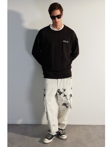 Trendyol Black Premium Oversize/Wide Cut Text Embroidered Thick Cotton Sweatshirt
