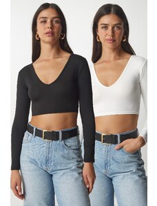 Happiness İstanbul Women's Black and White V Neck 2 Pack Crop Blouse