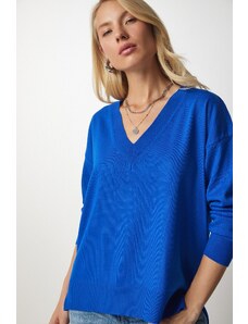 Happiness İstanbul Dámský modrý oversize pletený svetr s výstřihem do V