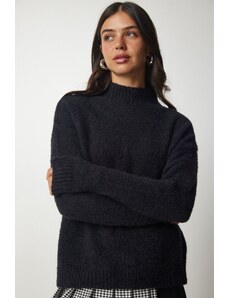 Happiness İstanbul Dámský černý vousatý pletený svetr s vysokým výstřihem