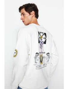 Trendyol Ecru Oversize/Wide Cut Crew Neck Space Printed Cotton Sweatshirt