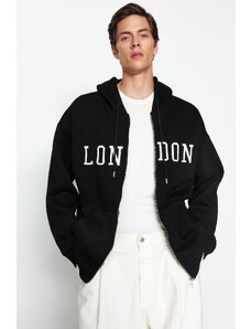 Trendyol Black Men's Oversize/Wide-Cut City Embroidery Hooded Cotton Sweatshirt-cardigan