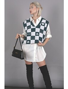 Madmext Petrol Green V-Neck Checkered Patterned Regular Fit Women's Sweater