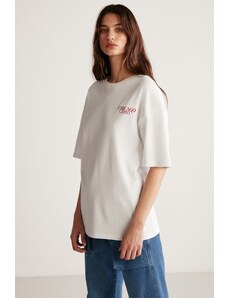 GRIMELANGE Janna Women's Crew Neck Oversize Fit 100% Cotton Printed White / Red T-shirt