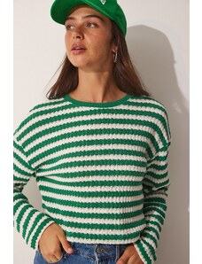 Happiness İstanbul Štěstí İstanbul Dámský zelený pruhovaný háčkovaný pletený svetr