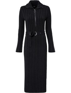 bonprix Pletené žebrované šaty s límečkem na zip Černá