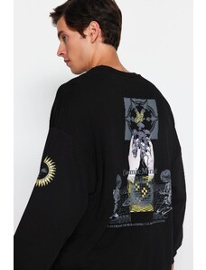 Trendyol Black Oversize/Wide-Fit Crew Neck Space Printed Cotton Sweatshirt
