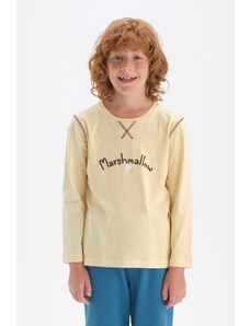 Dagi Light Yellow Long Sleeve Crewneck Cotton T-Shirt