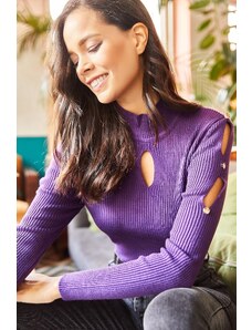 Olalook Women's Purple Front Back Drop Detailed Decollete Sleeve Knitwear Blouse