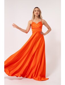 Lafaba Women's Orange Rope Strap Waist Belted Satin Long Evening Dress & Graduation Dress