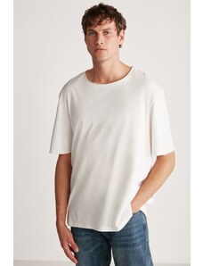 GRIMELANGE David's Men's Open Collar Oversize Fit 100% Cotton White T-shirt