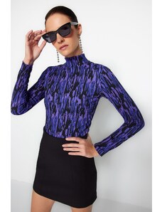 Trendyol Purple Printed Fitted/Situated High Neck Long Sleeve Crepe/Textured Knitted Blouse