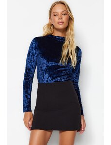 Trendyol Navy Blue Velvet Stand Up Collar Slim Fit Long Sleeve Knitted Blouse