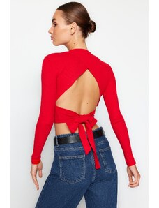 Trendyol Red Decollete Decollete Tie Detailed Fitted Crew Neck Crop Ribbed Knitted Blouse