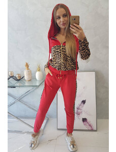 K-Fashion Velurová souprava s leopardím potiskem červená