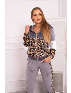 K-Fashion Velurová souprava s leopardím potiskem šedá