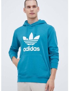 Bavlněná mikina adidas Originals pánská, tyrkysová barva, s kapucí, s potiskem