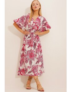 Trend Alaçatı Stili Dámské růžové dvouřadé límec se vzorovaným lněným oblečením