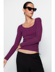 Trendyol Purple Faded/Faded Effect Ribbed Pool Neck Body-Shouldered Cotton Stretch Knit Blouse