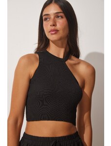 Happiness İstanbul Women's Black One-Shoulder Crop Sweater Blouse