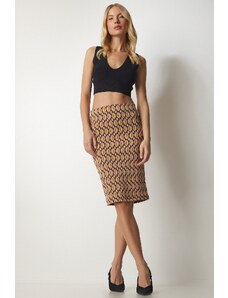 Happiness İstanbul Women's Pink Yellow Patterned Knitwear Pencil Skirt