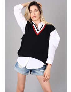 Madmext Women's Dark Navy V-Neck Striped Sweater