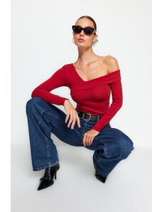 Trendyol Burgundy Cotton Stretch Flounce Fitted Crop Knitted Blouse