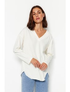 Trendyol Ecru Premium V Neck Cotton Regular/Regular Fit Knitted Knitted T-Shirt