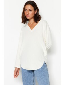 Trendyol Ecru Premium V-Neck Cotton Regular/Normal Fit Knitted Knitted T-Shirt