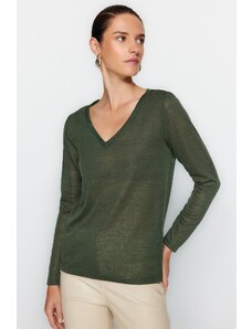 Trendyol Khaki V Neck Linen Look Long Sleeve Regular Fit Knitted Blouse