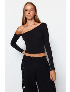 Trendyol Black One-Shoulder Cotton Elastic Fitted/Situated Crop Knitted Blouse