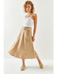 Olalook Women's Camel A-Line-Cut Midi Linen Skirt