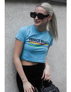 Madmext Turquoise Printed Crop T-Shirt