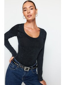 Trendyol Anthracite Weathered/Faded Effect Cotton Long Sleeve Elastic Snaps Knitted Body