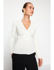 Trendyol Ecru V-Neck Knitted Blouse with Pleats, Double Breasted, Frilled