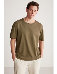 GRIMELANGE Davison Men's Open Collar Oversize Fit 100% Cotton Khaki T-shirt