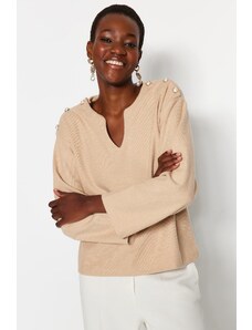 Trendyol Beige Thessaloniki/Knitwear Look Pearl Detailed Relaxed/Comfortable Fit Knitted Blouse