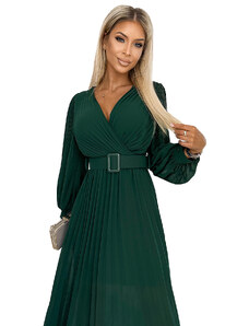 numoco basic KLARA - Lahvově zelené dámské šaty s výstřihem a opaskem 414-1