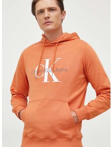 Bavlněná mikina Calvin Klein Jeans pánská, oranžová barva, s kapucí, s potiskem