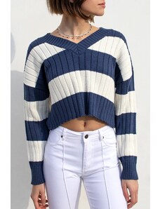 Madmext Navy Blue V-Neck Striped Crop Women's Sweater