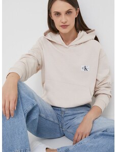 Bavlněná mikina Calvin Klein Jeans dámská, béžová barva, s kapucí, s aplikací