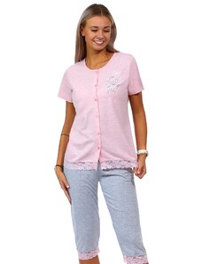 Naspani Růžové i šedé krajkové celo propínací dámské pyžamo Capri 1B1710