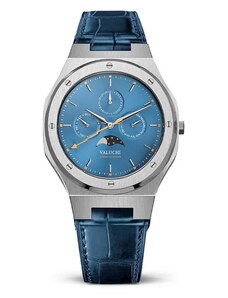 Stříbrné pánské hodinky Valuchi Watches s koženým páskem Lunar Calendar - Silver Blue Leather 40MM
