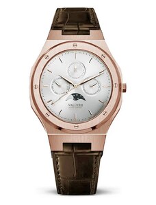 Zlaté pánské hodinky Valuchi Watches s koženým páskem Lunar Calendar - Rose Gold White Leather 40MM
