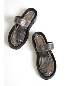 Capone Outfitters Capone Studded Band with Stones and Stitched Detailed Wedge Heel Metallic Women's Slippers.