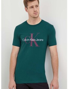 Bavlněné tričko Calvin Klein Jeans tyrkysová barva, s potiskem